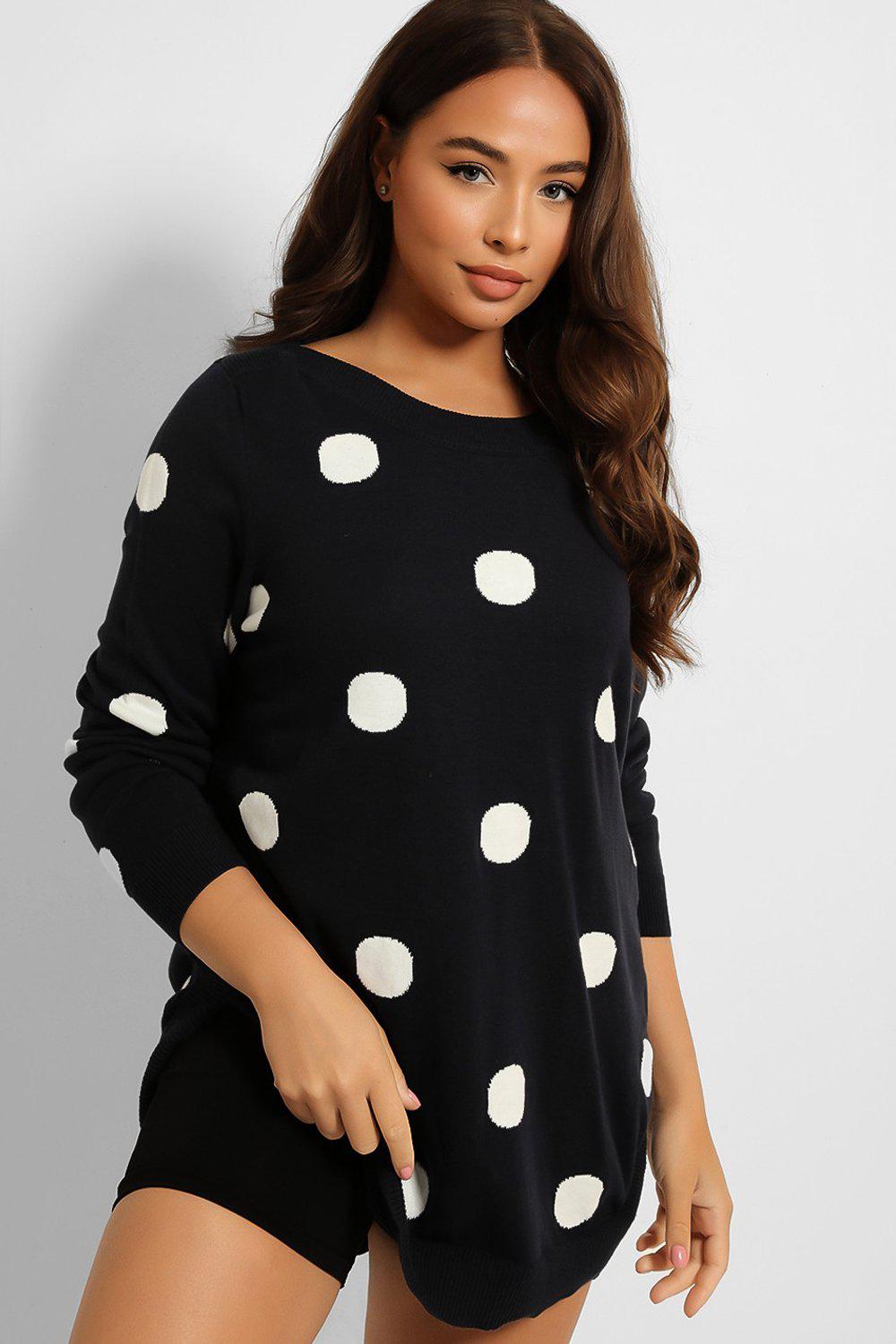 Navy WHite Polka Dot Curved Hem Pullover-SinglePrice