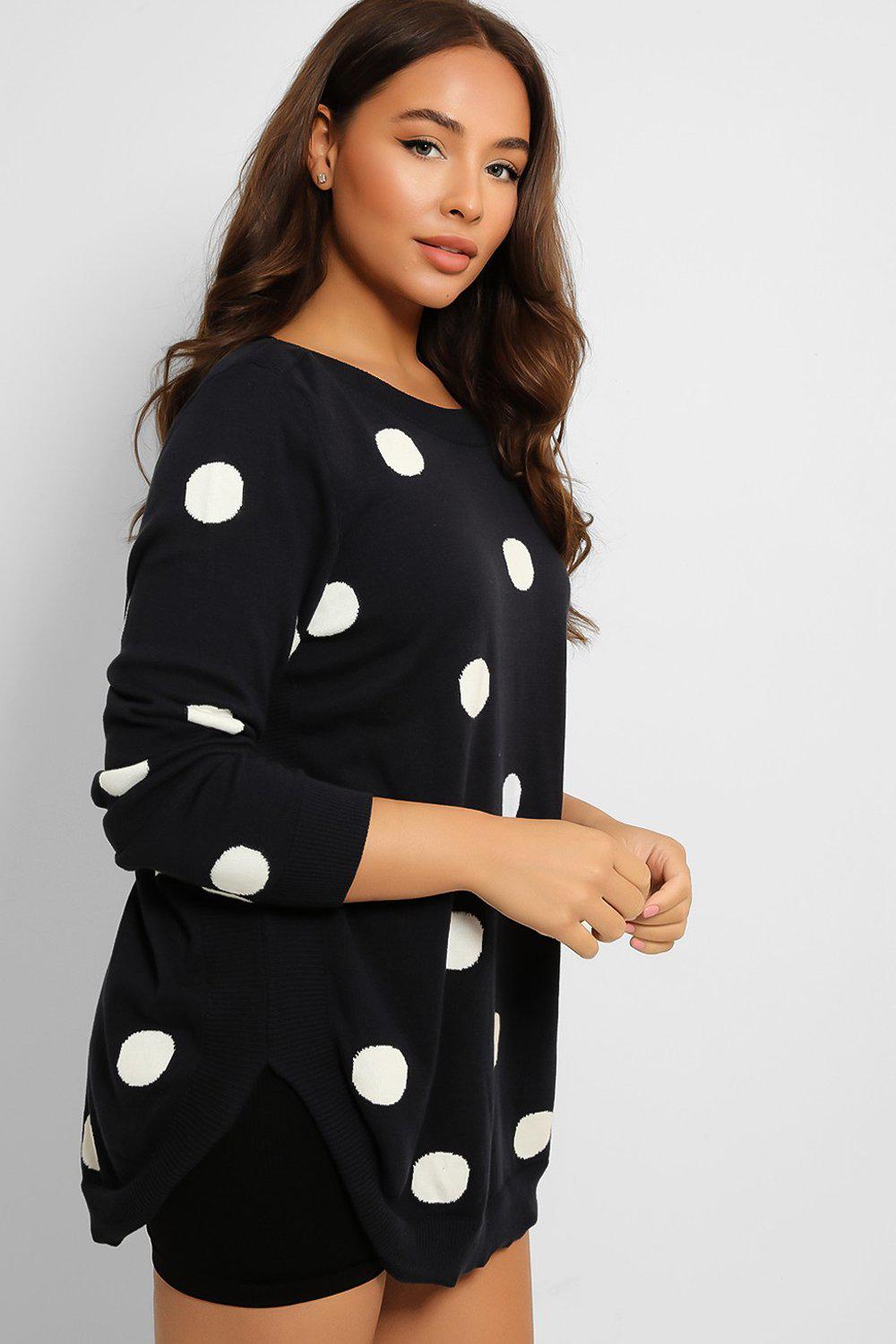 Navy WHite Polka Dot Curved Hem Pullover-SinglePrice