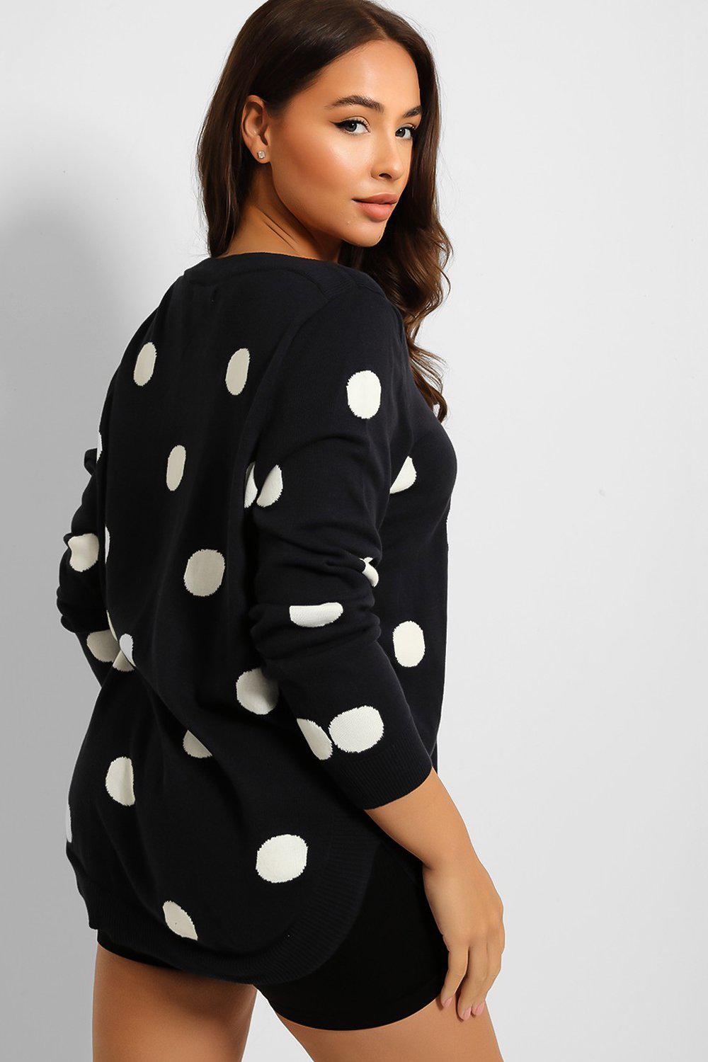 Navy WHite Polka Dot Curved Hem Pullover-SinglePrice