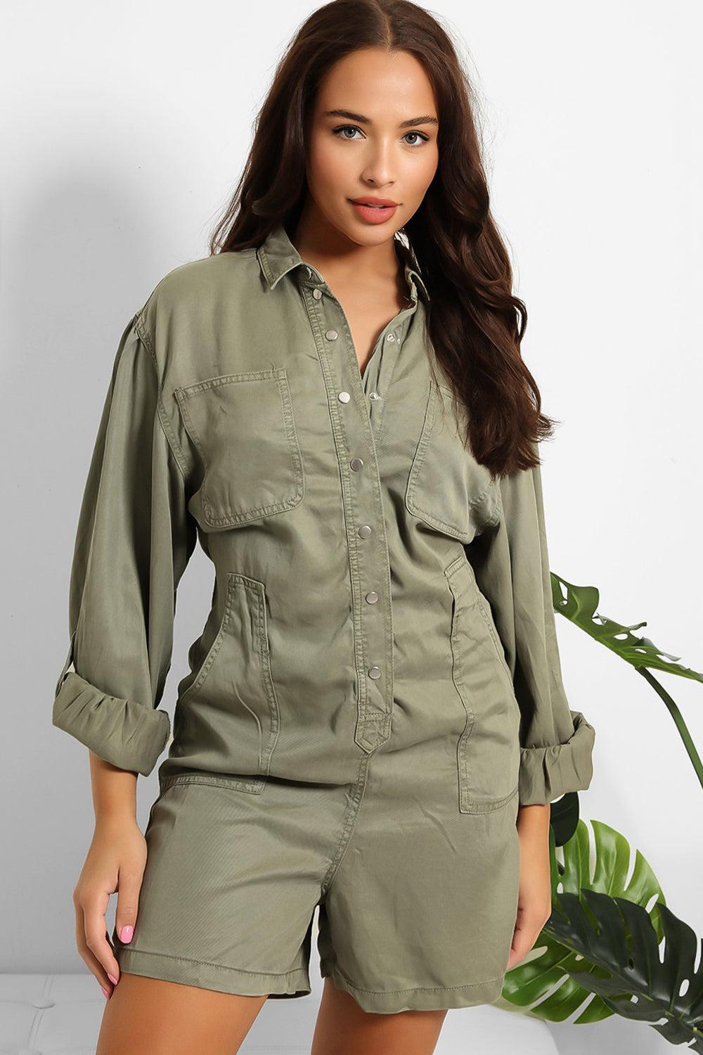 Olive Thin Denim Popper Button Playsuit-SinglePrice