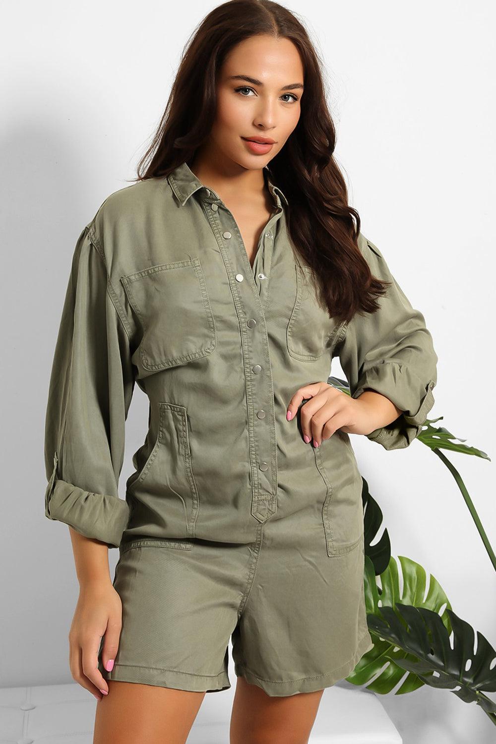 Olive Thin Denim Popper Button Playsuit-SinglePrice
