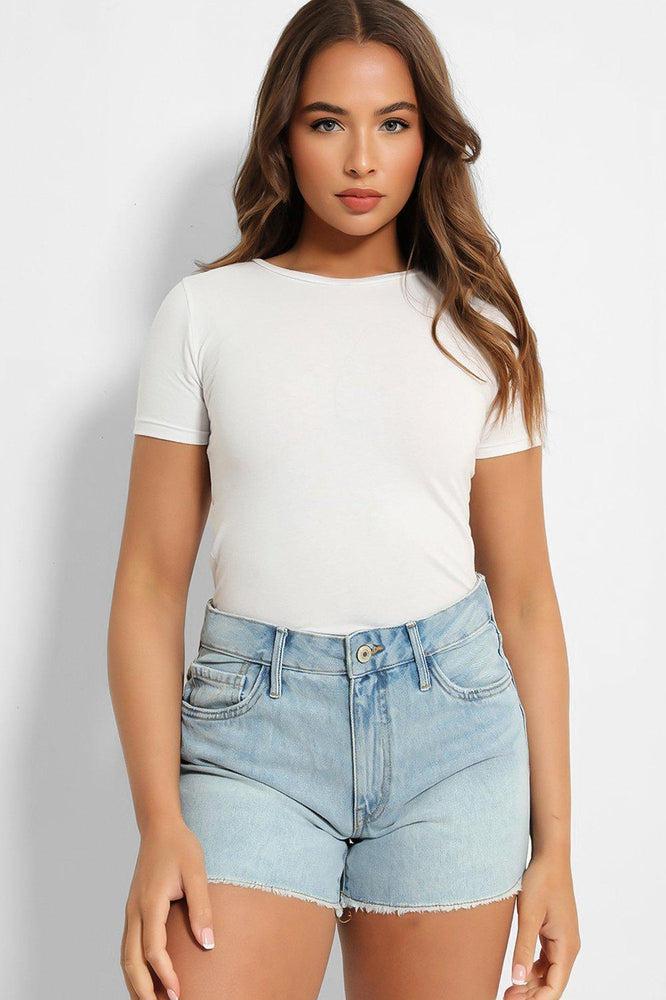 Light Blue Fine Denim Raw Hem Shorts-SinglePrice