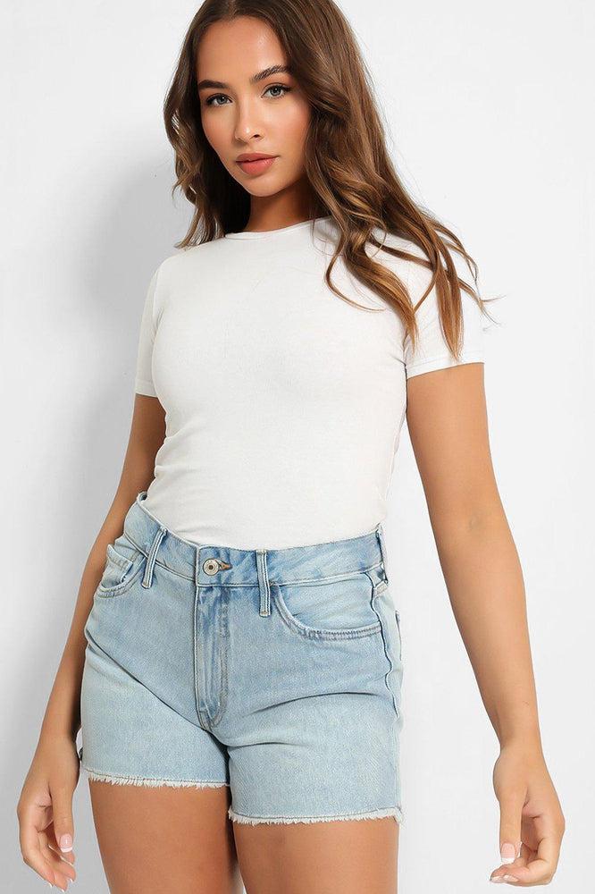 Light Blue Fine Denim Raw Hem Shorts-SinglePrice