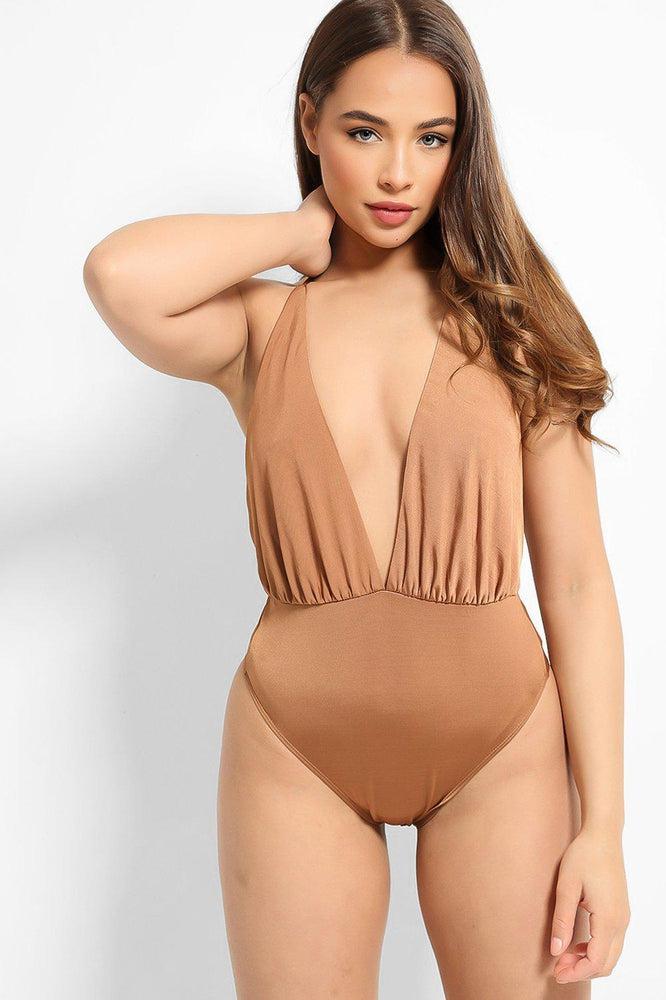 Brown Satin Deep Plunge Halterneck Bodysuit-SinglePrice