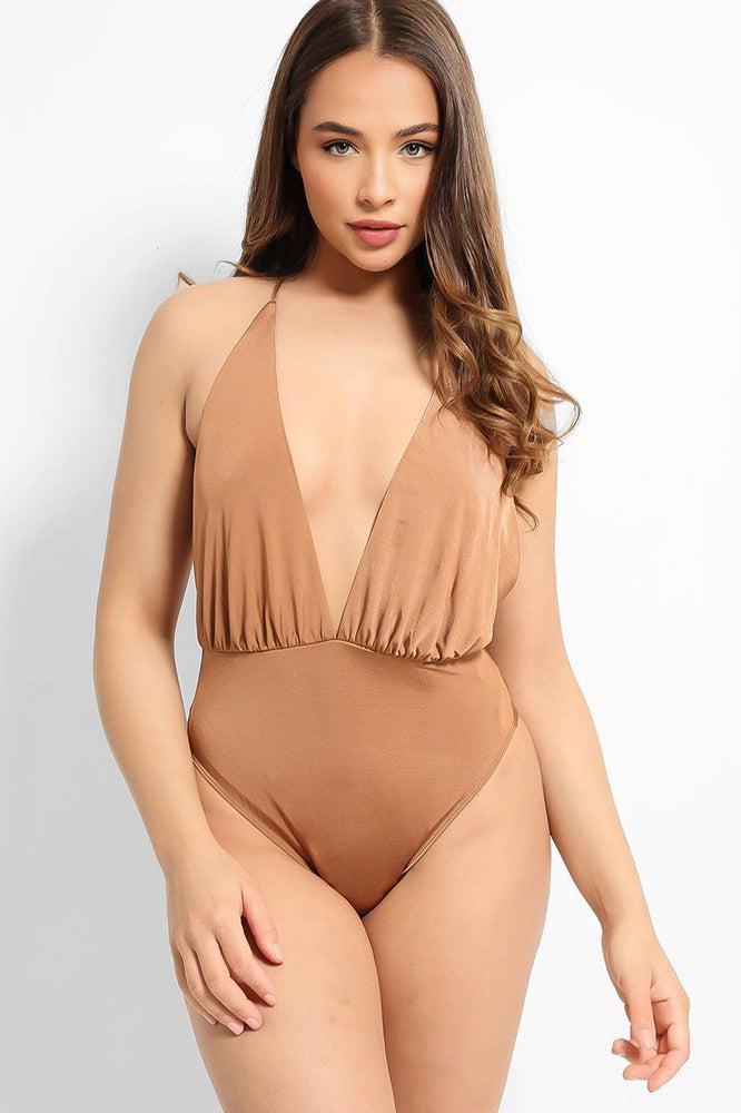 Brown Satin Deep Plunge Halterneck Bodysuit-SinglePrice