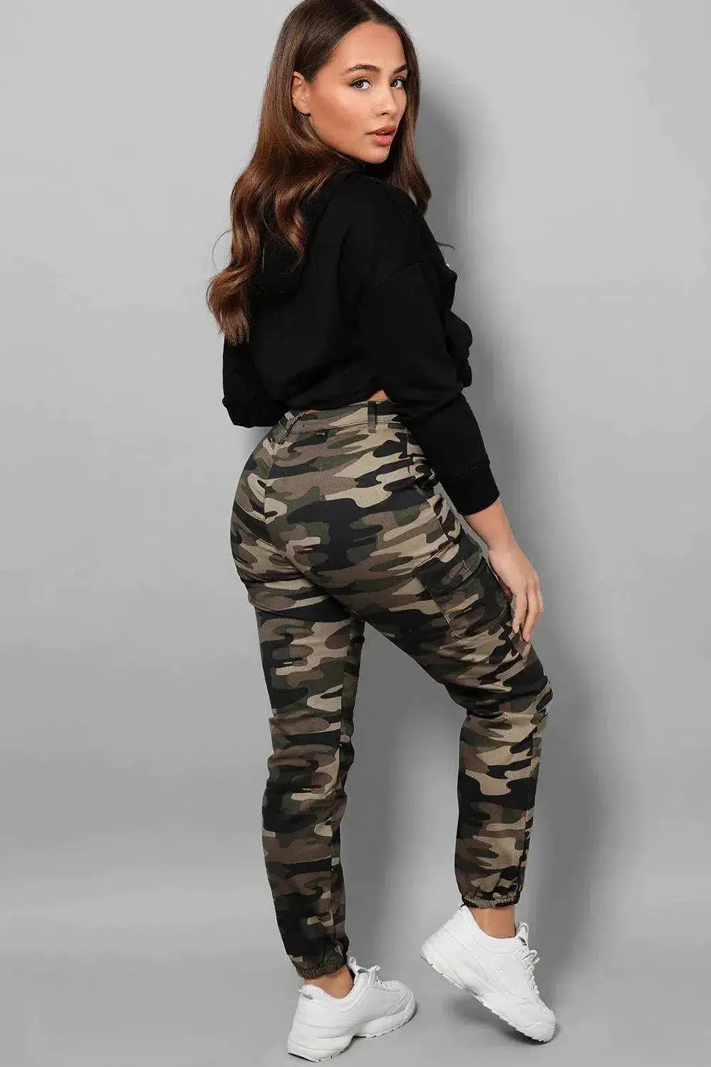 Khaki Camouflage Print Denim Cargo Trousers-SinglePrice