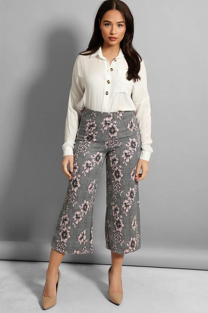 Grey Pink Floral Print Cropped Trousers-SinglePrice