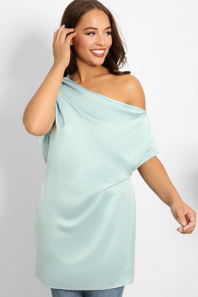Mint Satin Asymmetric Sleeves Top-SinglePrice