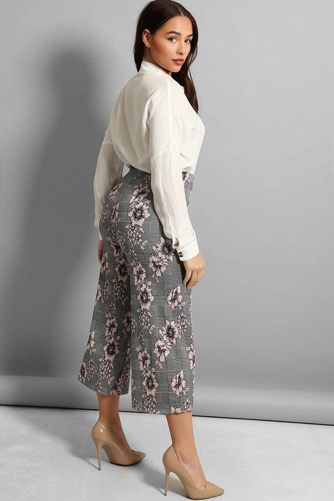 Grey Pink Floral Print Cropped Trousers-SinglePrice