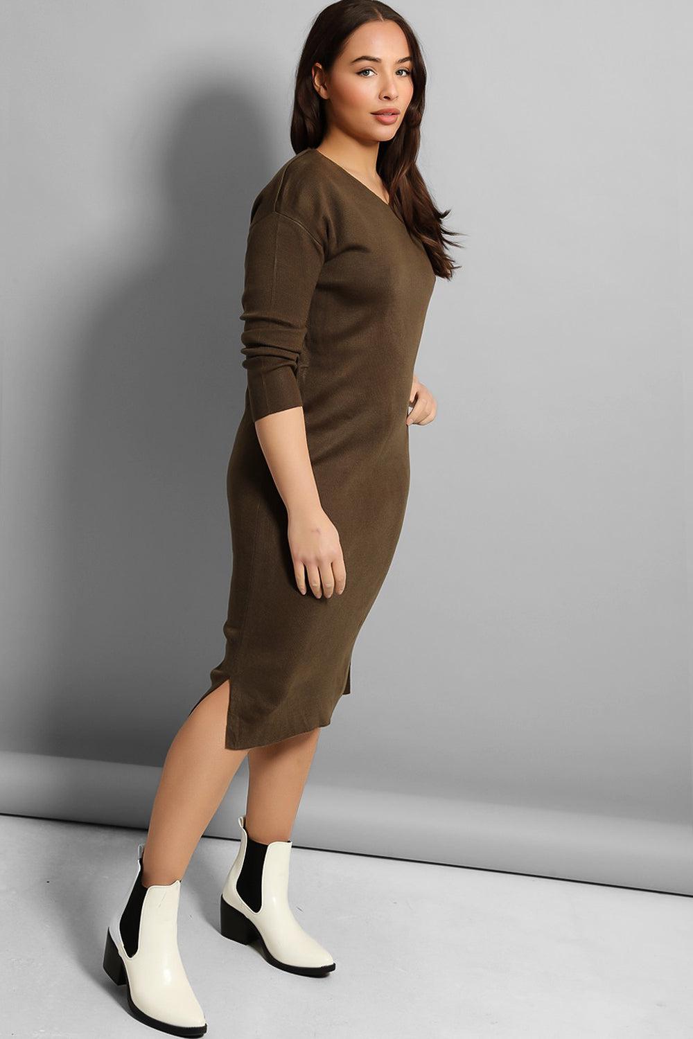 V-Neck Split Hem Knitted Midi Dress-SinglePrice