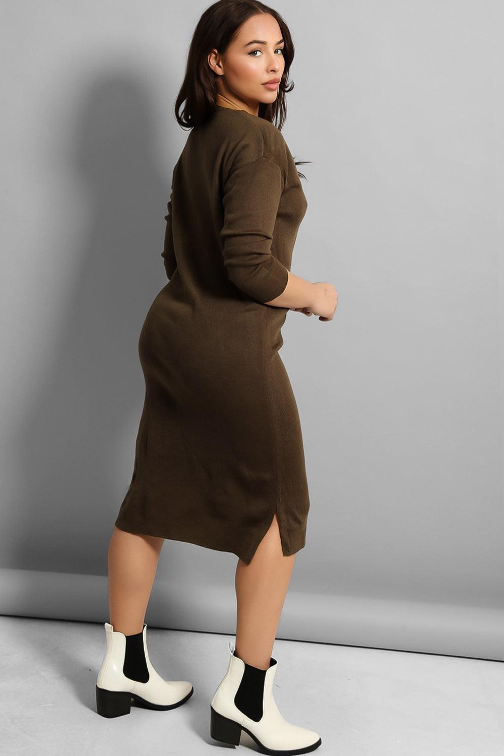 V-Neck Split Hem Knitted Midi Dress-SinglePrice