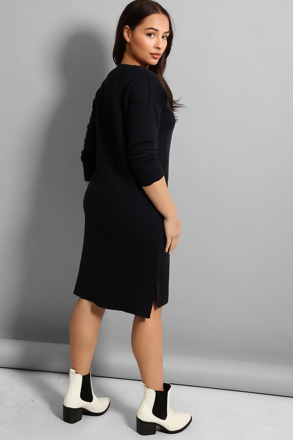 V-Neck Split Hem Knitted Midi Dress-SinglePrice