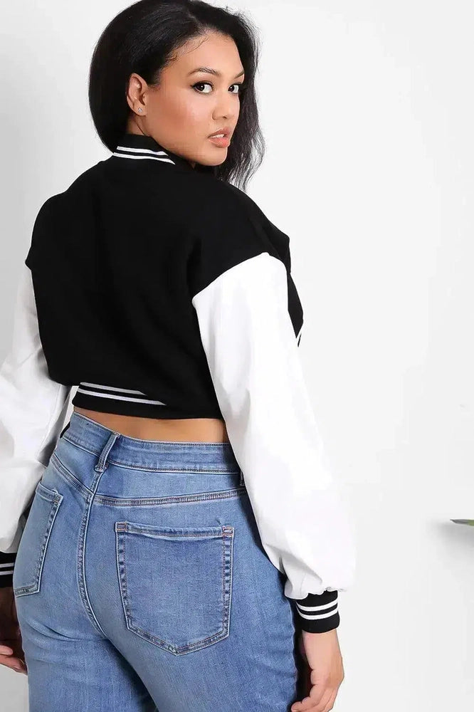 Vegan Leather Sleeves Cropped Varsity Jacket-SinglePrice
