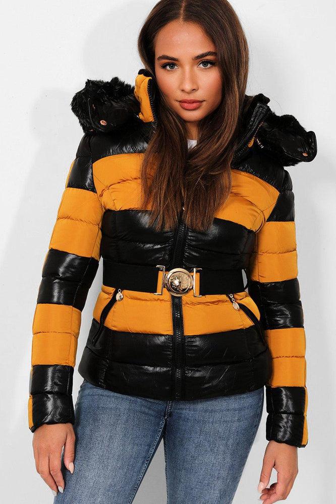 Black Mustard Belted Padded Biker Jacket-SinglePrice