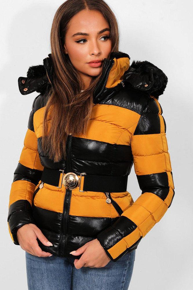 Black Mustard Belted Padded Biker Jacket-SinglePrice
