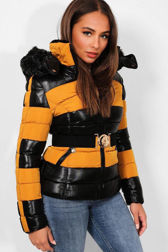 Black Mustard Belted Padded Biker Jacket-SinglePrice
