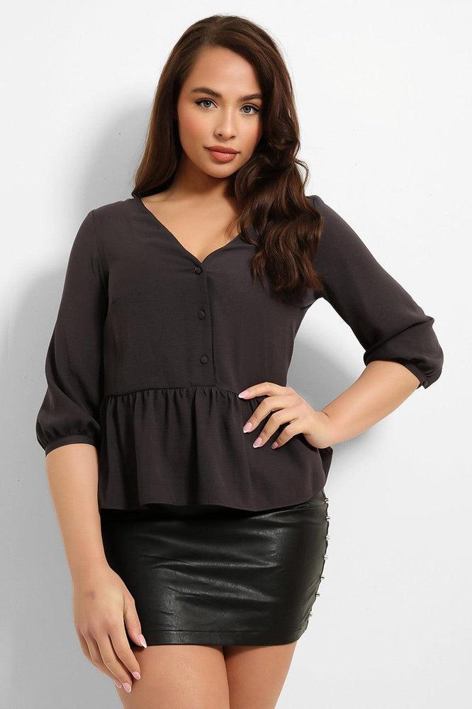 Charcoal V-Neck Peplum Blouse-SinglePrice