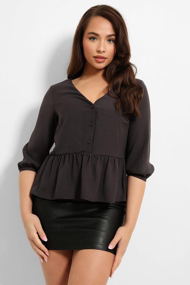 Charcoal V-Neck Peplum Blouse-SinglePrice