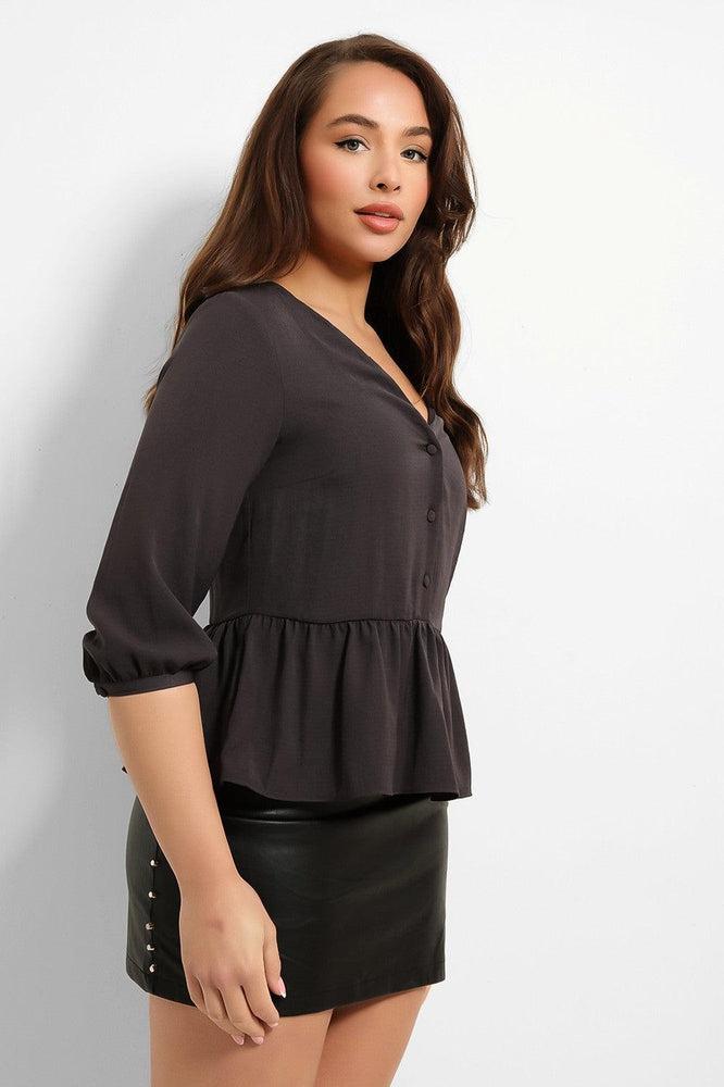 Charcoal V-Neck Peplum Blouse-SinglePrice