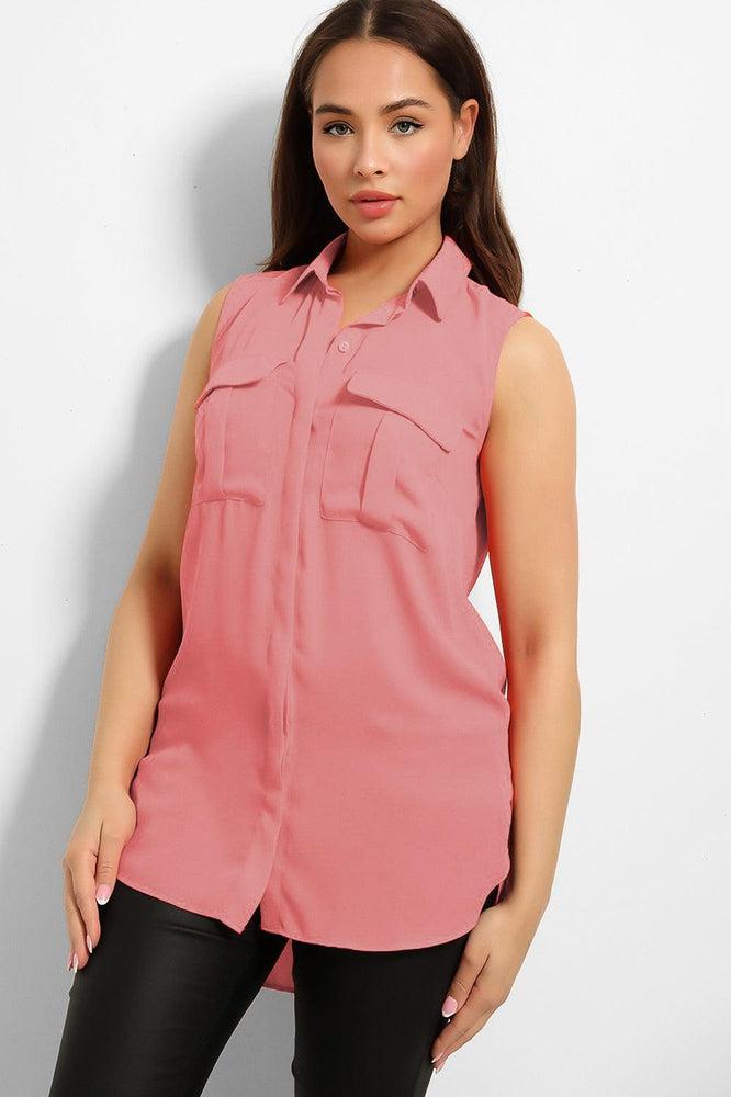 Hidden Placket Front Pockets Sleeveless Chiffon Shirt-SinglePrice