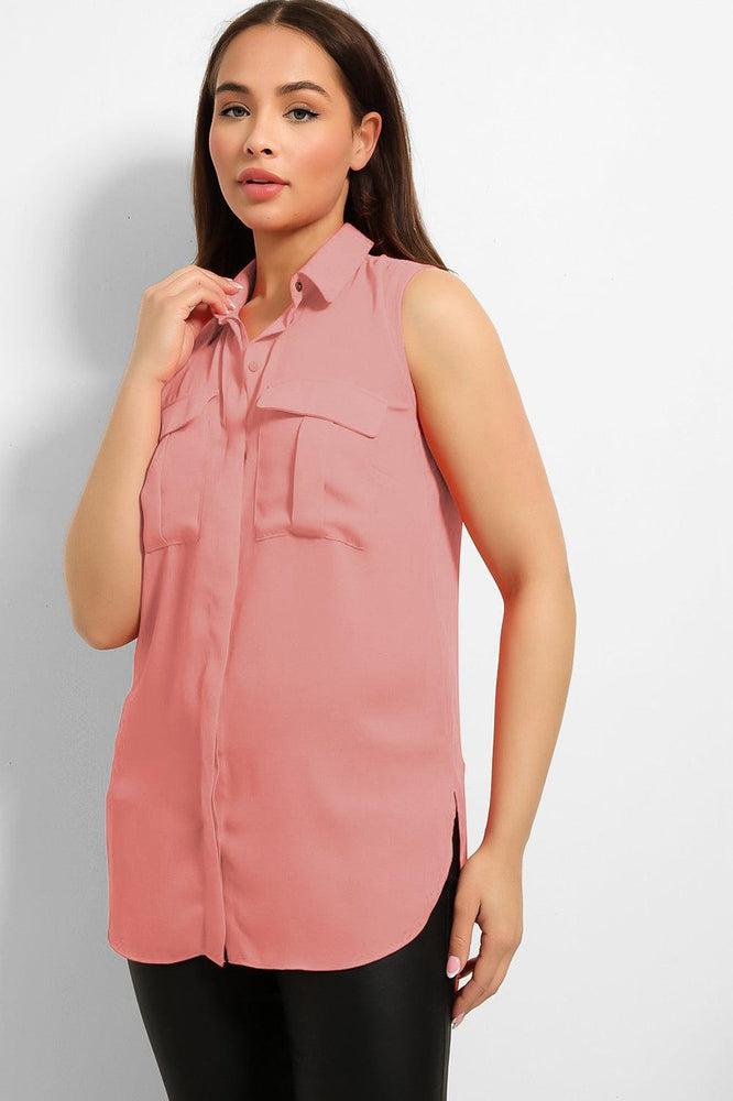 Hidden Placket Front Pockets Sleeveless Chiffon Shirt-SinglePrice