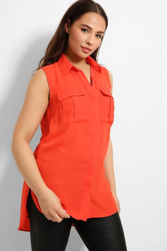 Hidden Placket Front Pockets Sleeveless Chiffon Shirt-SinglePrice