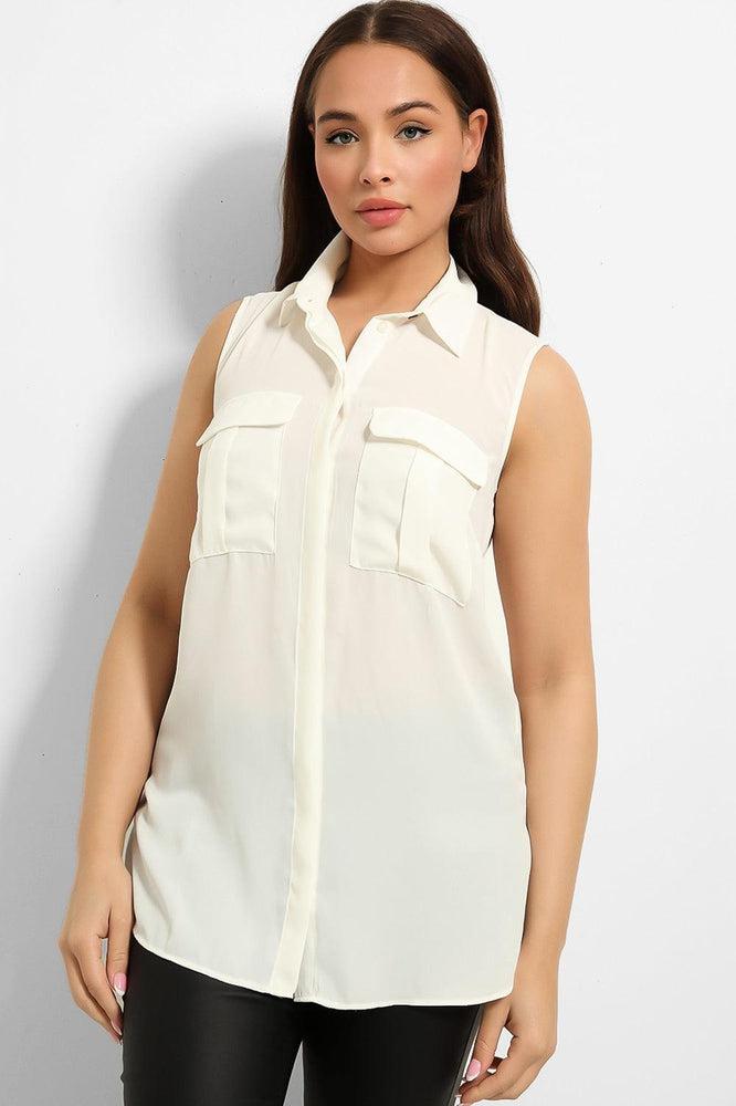 Hidden Placket Front Pockets Sleeveless Chiffon Shirt-SinglePrice