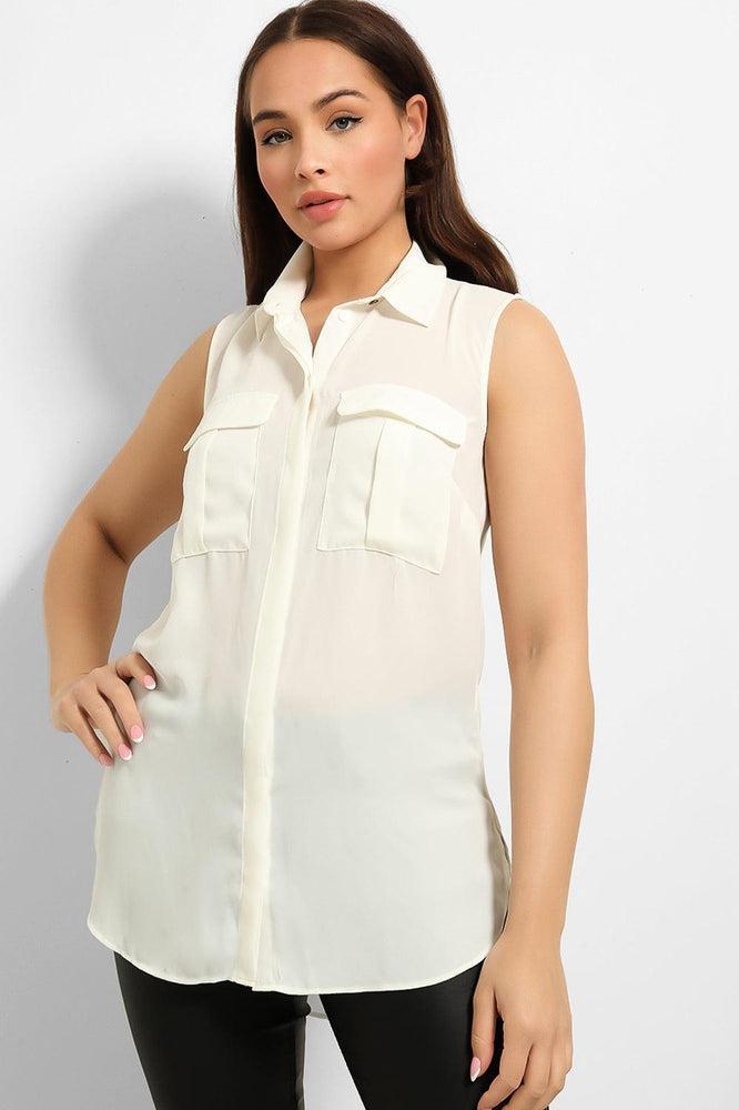 Hidden Placket Front Pockets Sleeveless Chiffon Shirt-SinglePrice