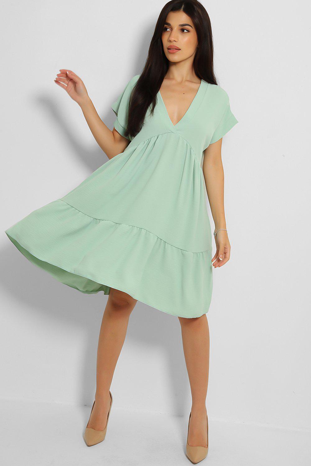 Mint V-Neck Tiered Midi Babydoll Dress - SinglePrice