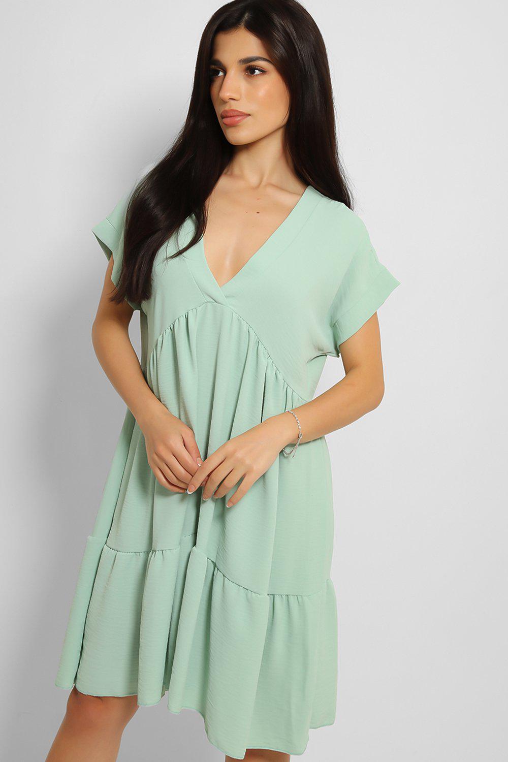 Mint V-Neck Tiered Midi Babydoll Dress - SinglePrice