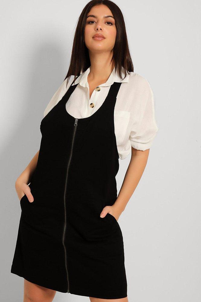 Black Denim Zipped Front Dungaree Dress-SinglePrice