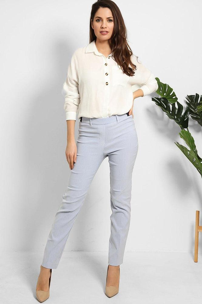 Blue Pinstripe Elastic Waist Skinny Leg Trousers