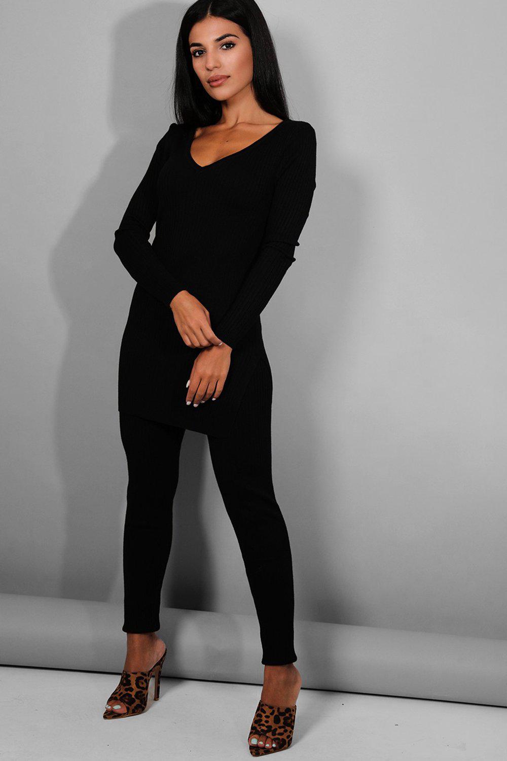 Black V-Neck Tunic And Leggings Lounge Set-SinglePrice
