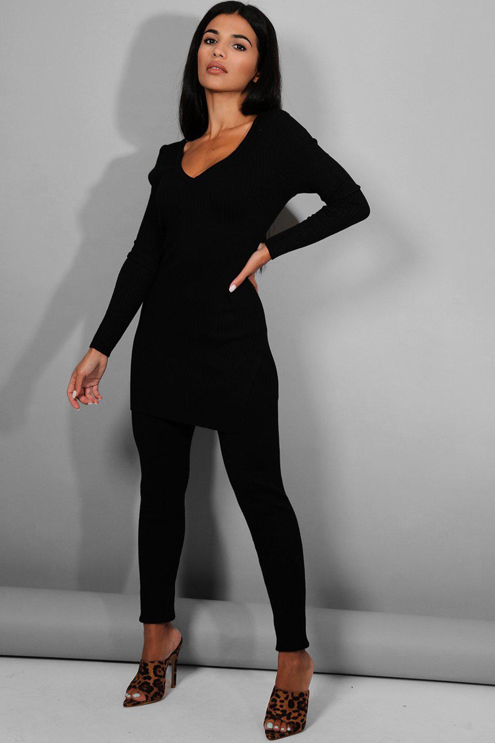 Black V-Neck Tunic And Leggings Lounge Set-SinglePrice