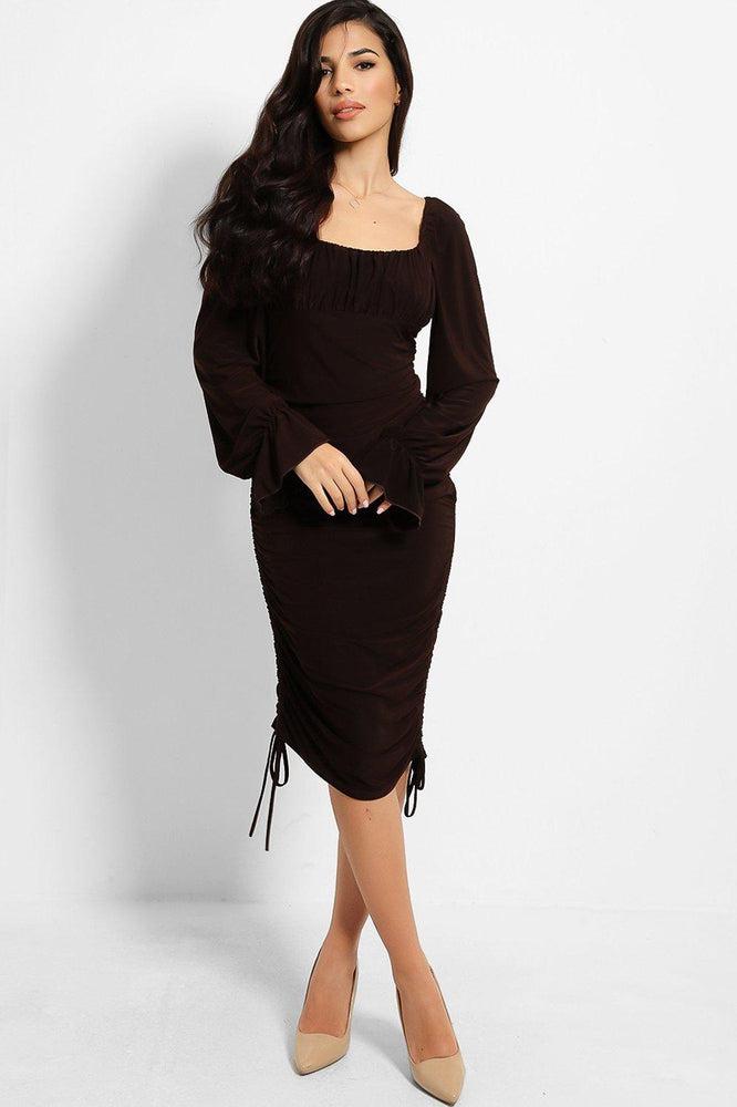 Square Neckline Drawstring Sides Slinky Midi Dress-SinglePrice