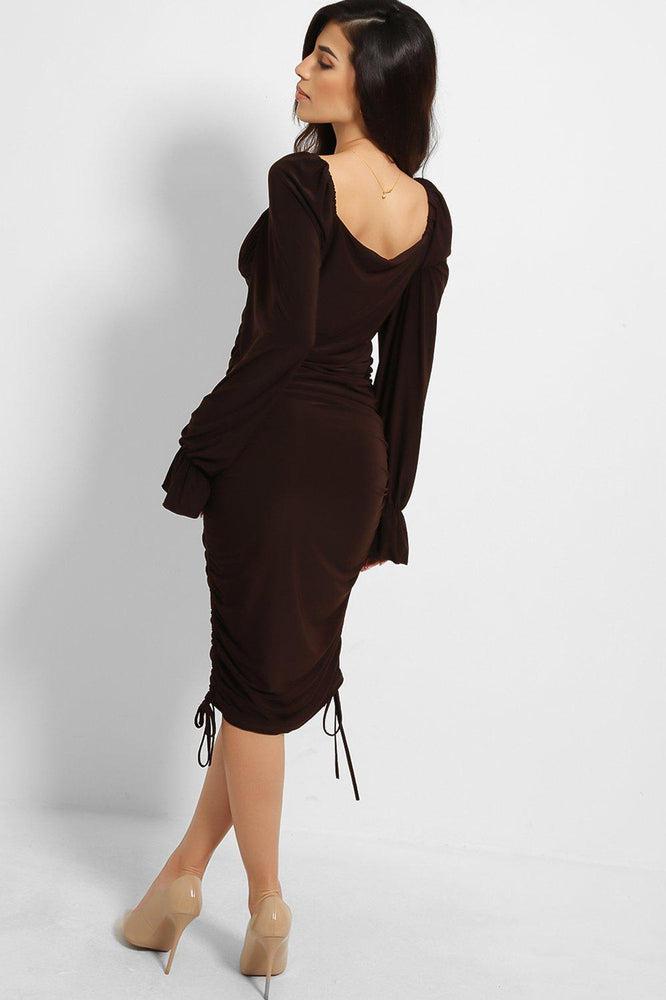 Square Neckline Drawstring Sides Slinky Midi Dress-SinglePrice