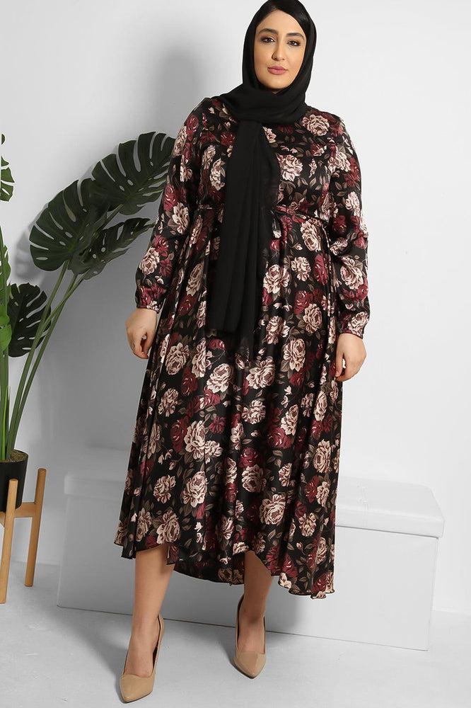 Floral Print Waist Tie Satin Modest Dress-SinglePrice