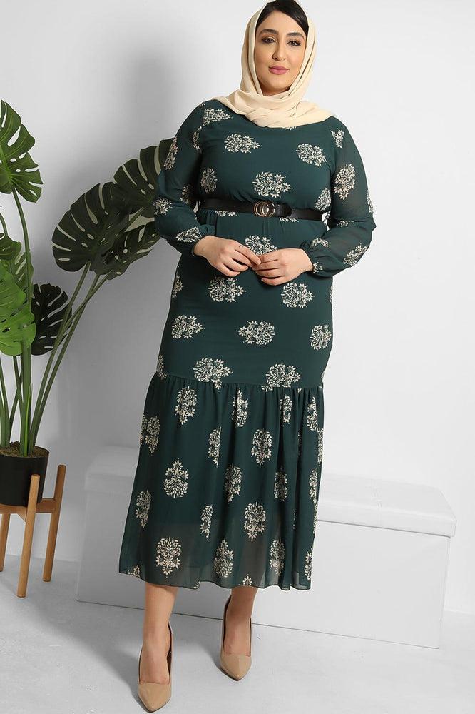 Logo Belt Floral Print Modest Dress-SinglePrice