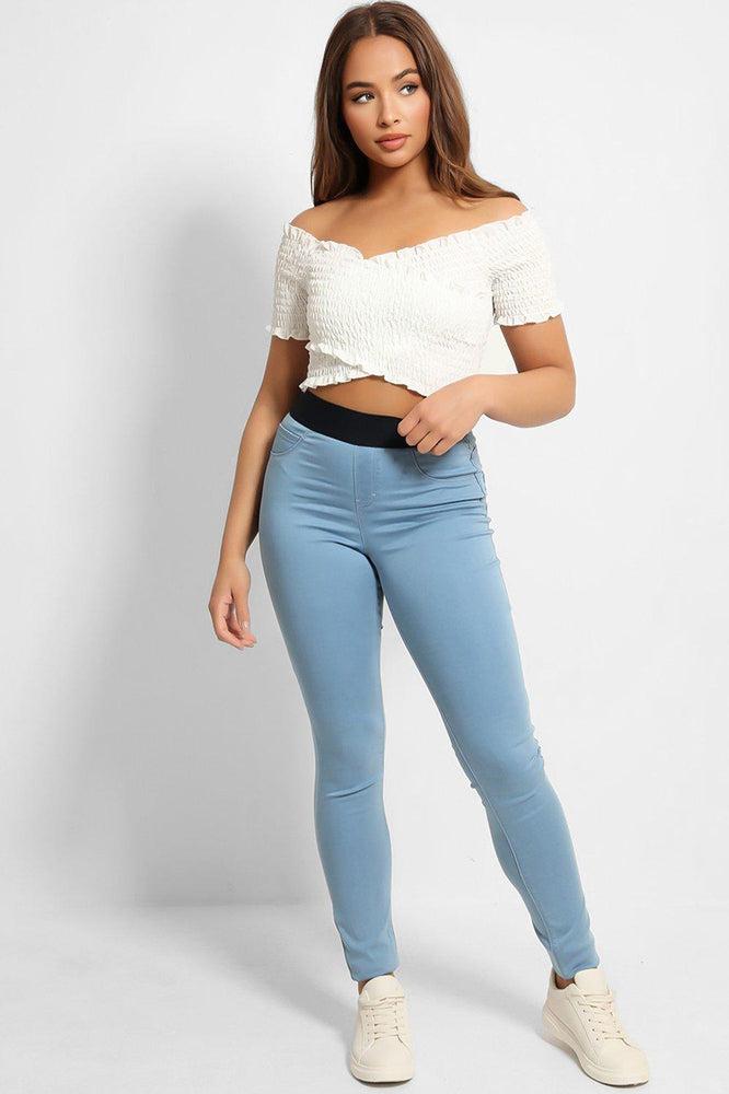 Sky Blue Elastic Waistband Denim Jeggings-SinglePrice