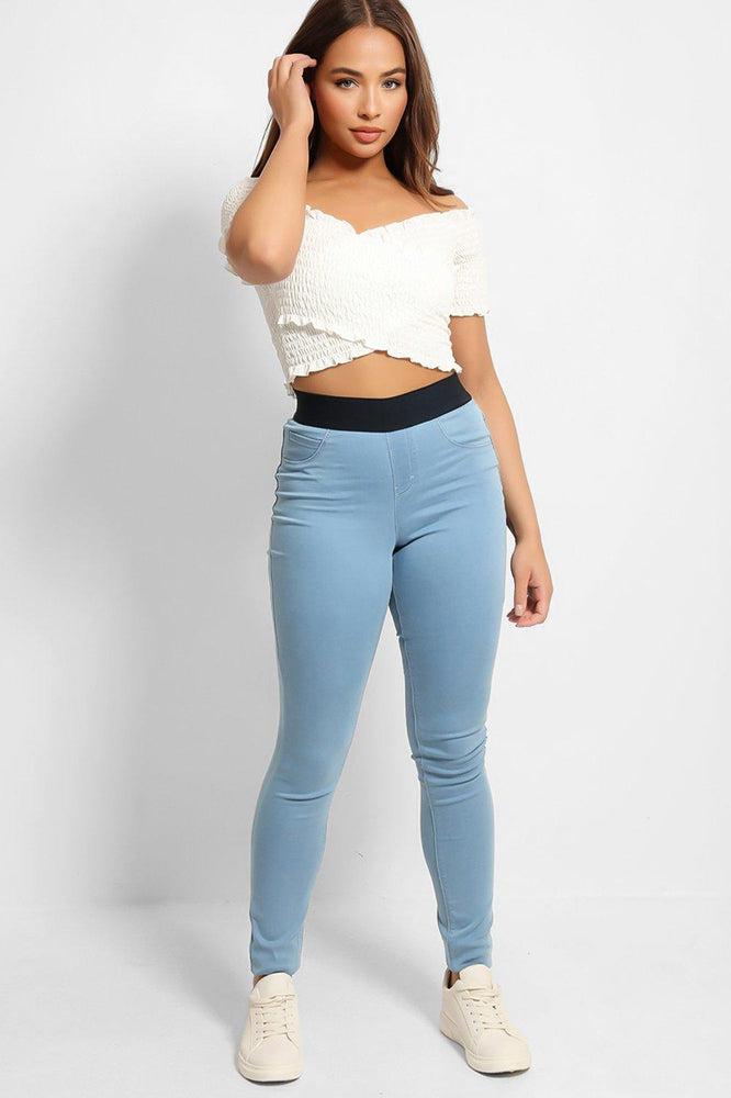 Sky Blue Elastic Waistband Denim Jeggings-SinglePrice