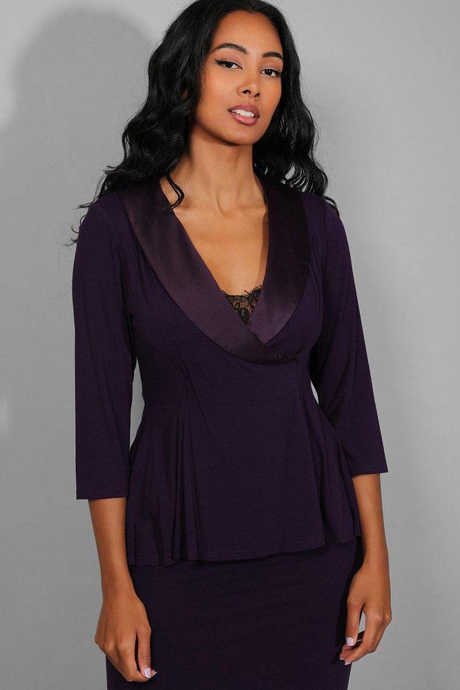 Purple Deep Lace Plunge Peplum Waist Slinky Midi Dress-SinglePrice