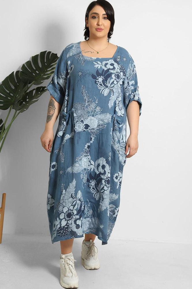 Floral Print Square Neck Relaxed Fit 100% Linen Dress-SinglePrice