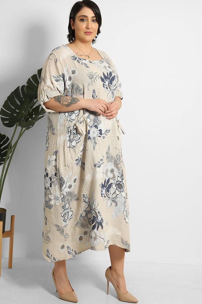 Floral Print Square Neck Relaxed Fit 100% Linen Dress-SinglePrice
