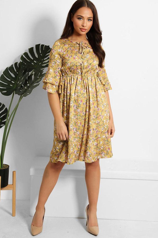 Mustard Floral Print Satin Dress-SinglePrice