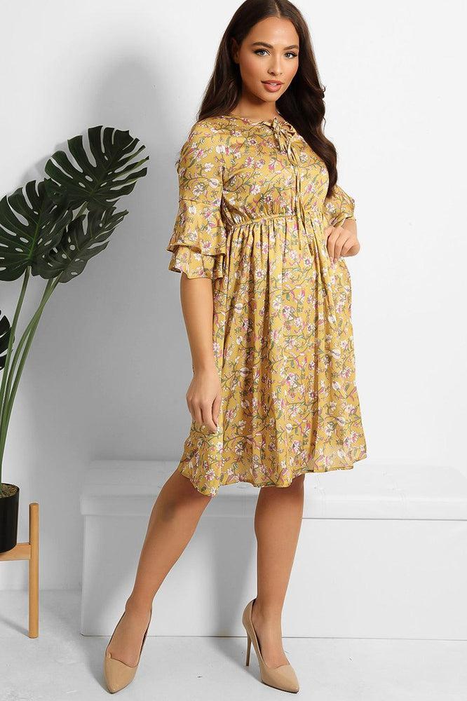 Mustard Floral Print Satin Dress-SinglePrice