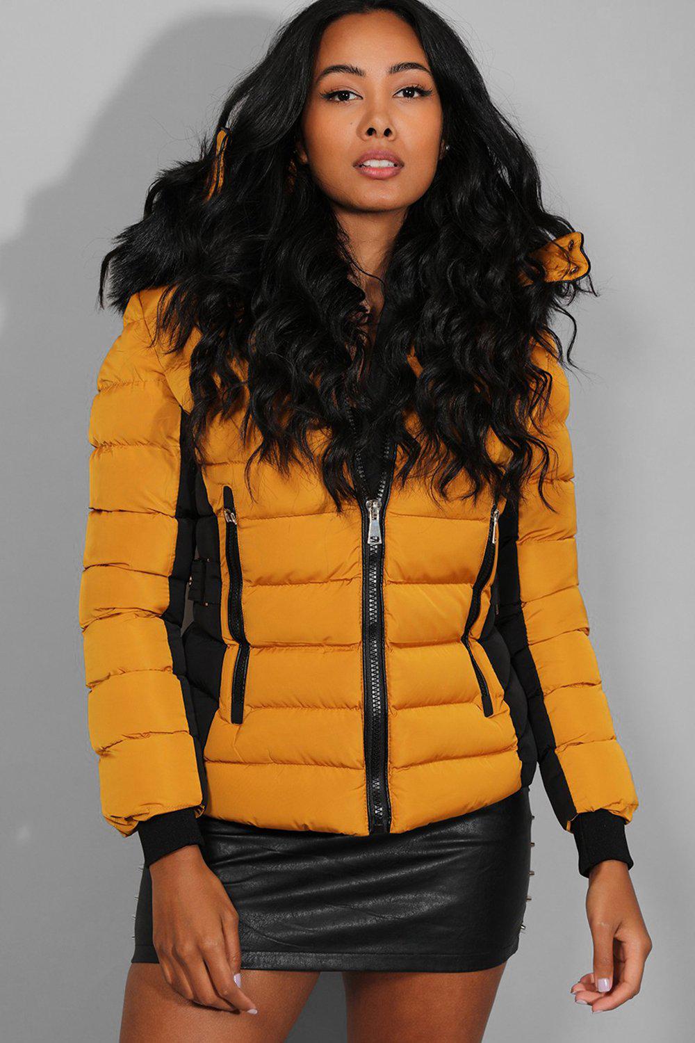 Yellow Belt Detail Quilted Padded Detachable Hood Jacket-SinglePrice