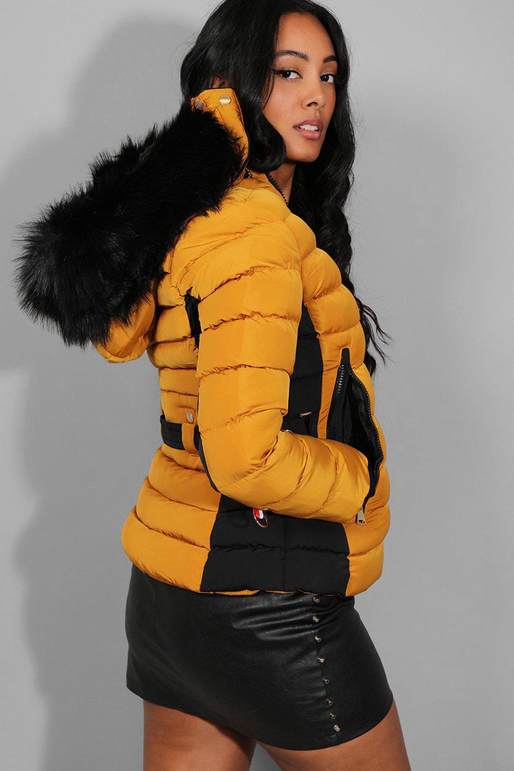Yellow Belt Detail Quilted Padded Detachable Hood Jacket-SinglePrice
