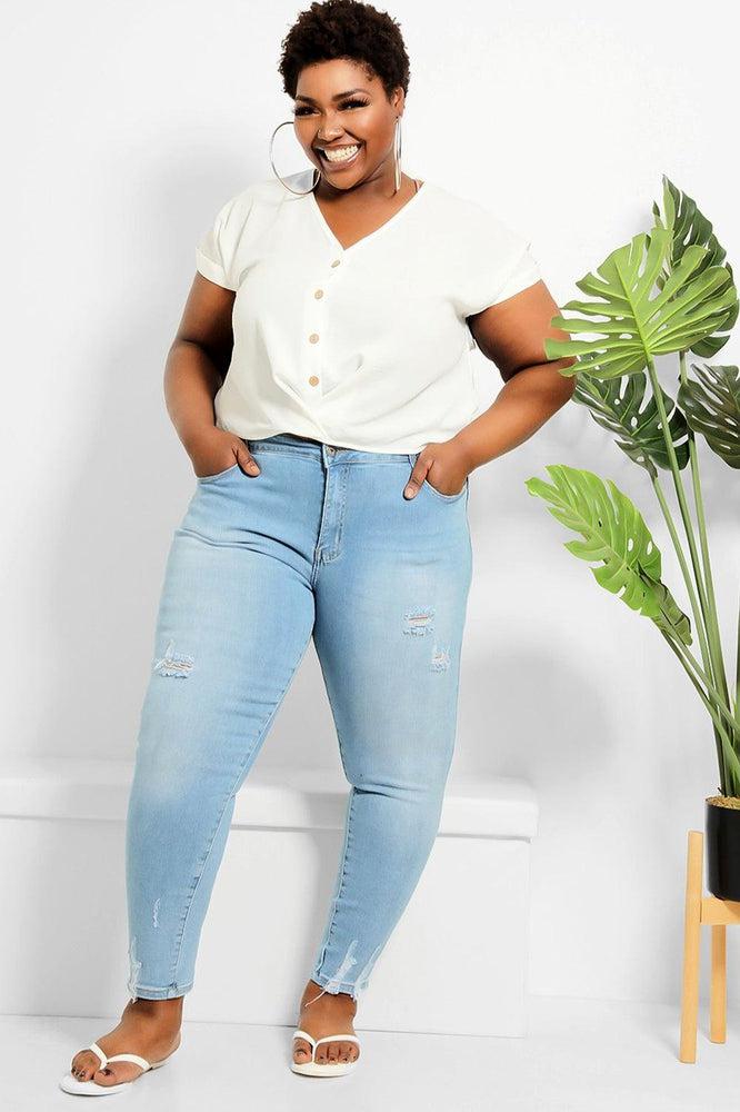 Blue Distressed Finish Raw Hem Skinny Jeans-SinglePrice
