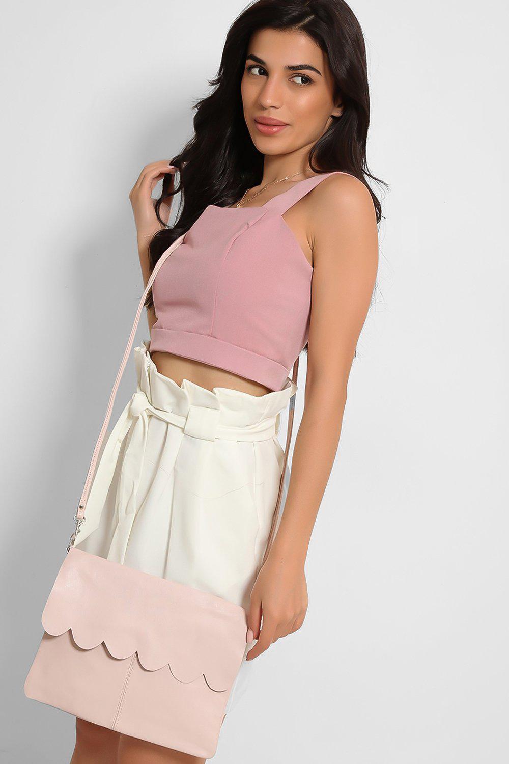 Pink Scallop Flap Front Soft Vegan Leather Shoulder Bag-SinglePrice