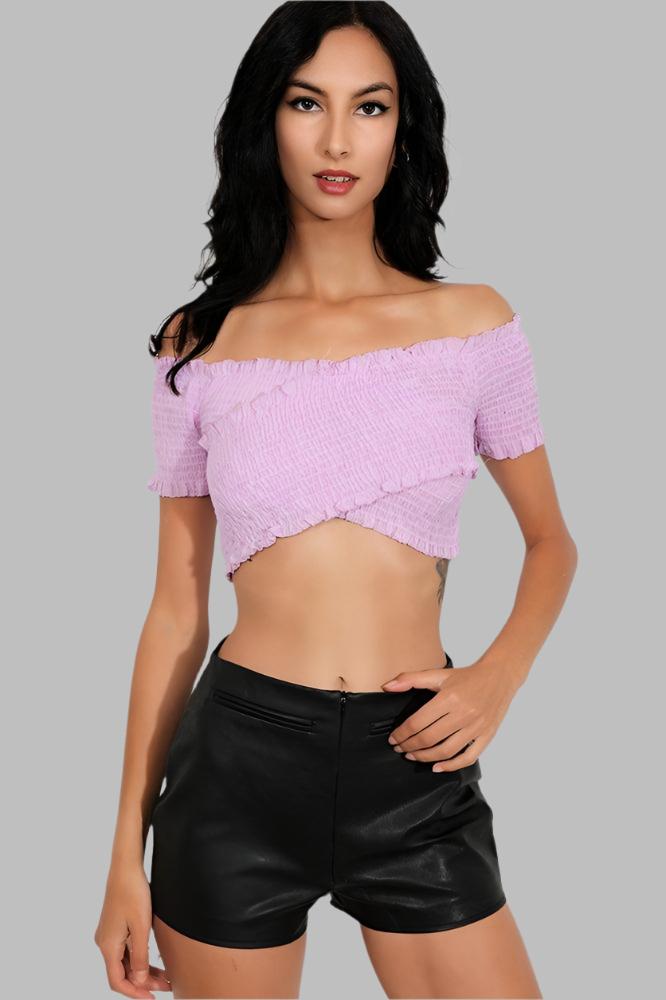 Lilac Wrap-Over Shirred Bardot Crop Top-SinglePrice